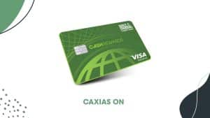 Image of the Navy Federal Credit Union cashRewards Visa Signature credit card, which is green with a modern design featuring a globe pattern and grid lines. The card displays the "cashRewards" logo in yellow-green, the Navy Federal Credit Union branding in white, and the Visa Signature logo in white at the bottom right. Below the card, the text "CAXIAS ON" appears in bold green letters. The background includes abstract shapes and dotted patterns in shades of green and white.