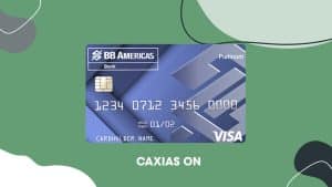 Blue BB Americas Platinum credit card with Visa logo, designed for international use, displayed against a green background with abstract shapes.