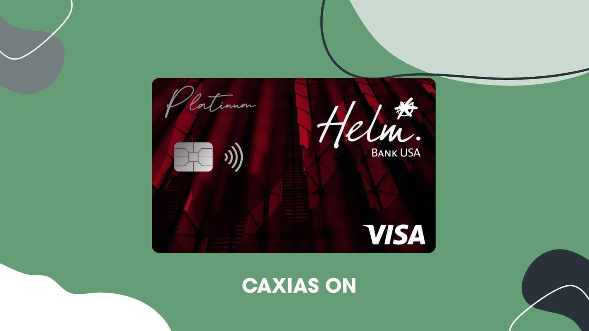 Visual of the Helm Platinum Credit Card issued by Helm Bank USA, featuring a sleek red and black design with Visa logo and contactless payment symbol.