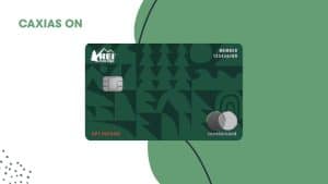 A dark green REI Co-op® Mastercard® credit card featuring outdoor-themed graphics, including trees and trails, with a silver chip and Mastercard logo, designed to appeal to nature and adventure enthusiasts.
