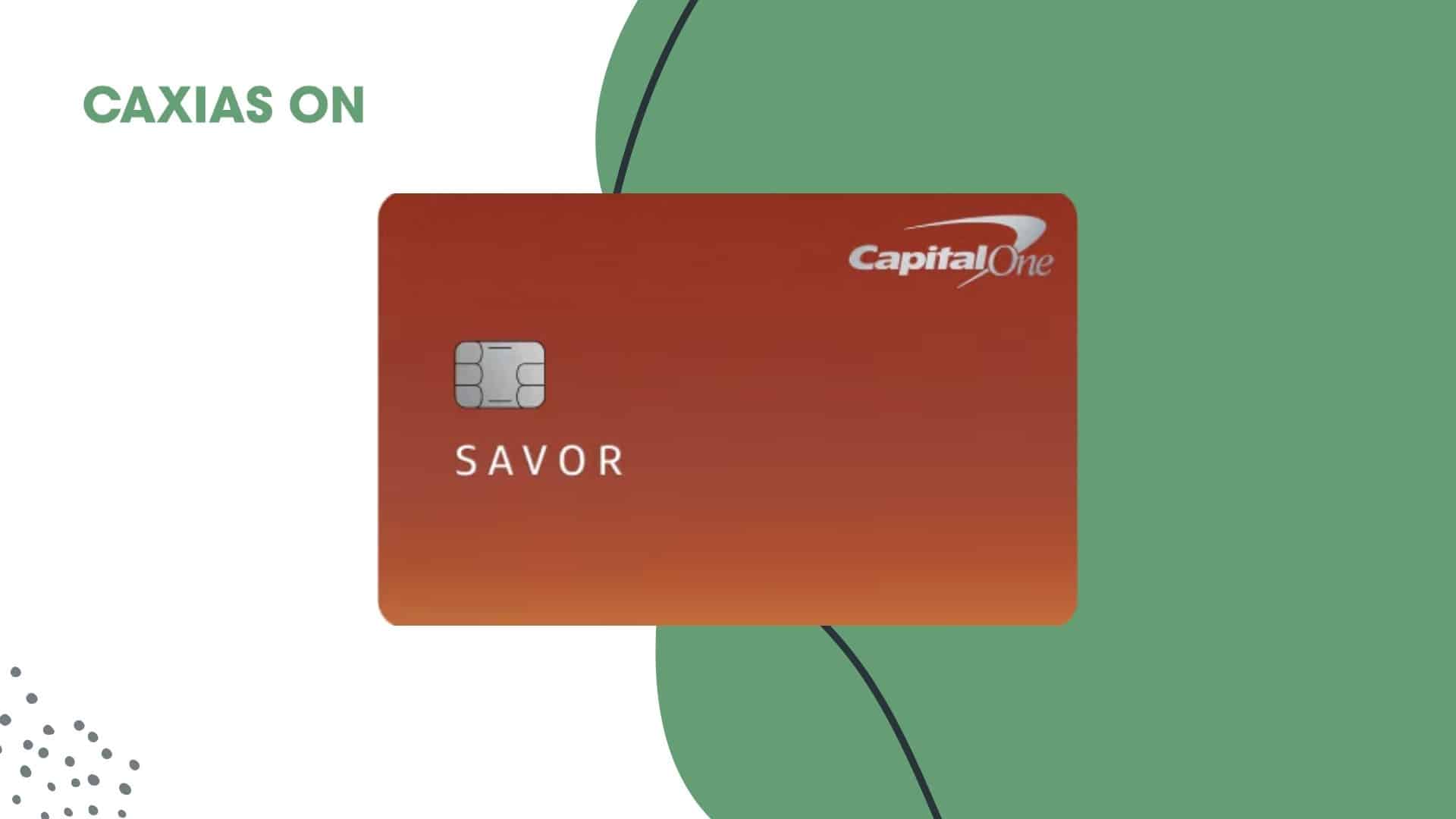 A visual of the Savor Rewards from Capital One credit card, showcasing its sleek orange design with a chip, positioned against a modern green and white background.