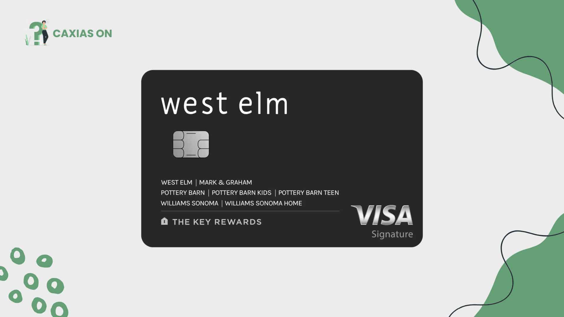 Black West Elm Key Rewards Visa card displaying the West Elm logo and partner brands, highlighting its role as a lifestyle rewards credit card.