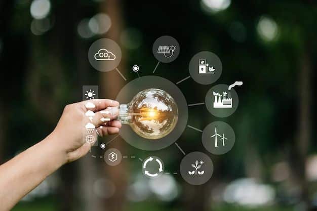 Hand holding a glowing light bulb with eco-friendly icons around it, symbolizing renewable energy, clean technology, and the energy transition in the US and Canada.