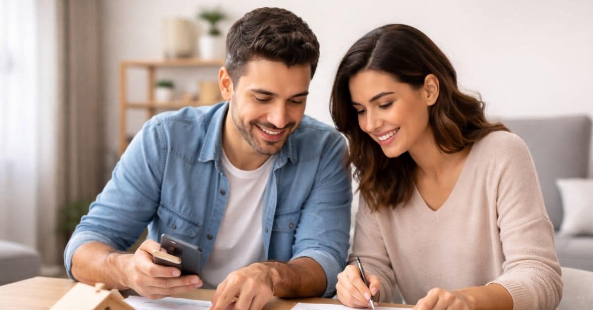 Couple reviewing financial information together at home, using a smartphone and writing notes on documents.