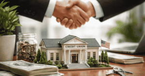 Two business professionals shaking hands above a desk with a model building labeled “Credit Union,” symbolizing a financial agreement or investment partnership. On the table are stacks of U.S. dollar bills, a jar filled with coins, house keys, and a small American flag. The image represents banking relationships, credit union investments, real estate financing, and financial growth in the United States.