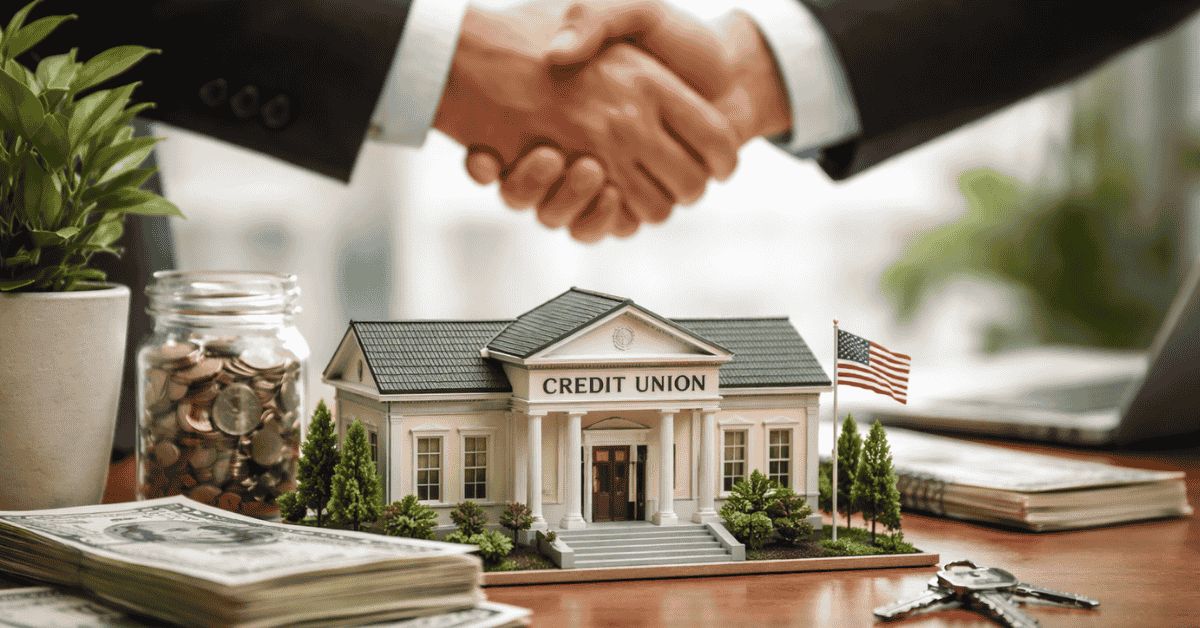 Two business professionals shaking hands above a desk with a model building labeled “Credit Union,” symbolizing a financial agreement or investment partnership. On the table are stacks of U.S. dollar bills, a jar filled with coins, house keys, and a small American flag. The image represents banking relationships, credit union investments, real estate financing, and financial growth in the United States.