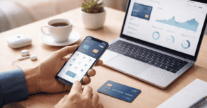 Person using a smartphone banking app while sitting at a desk with a laptop displaying financial charts and account analytics. A credit card rests on the table beside a coffee cup and wireless earbuds, representing digital information management, online banking access, and real-time financial data tracking in the United States.