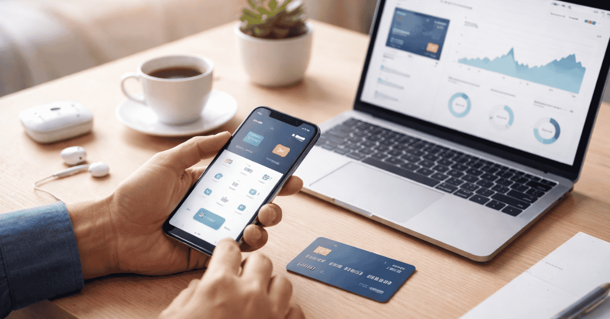 Person using a smartphone banking app while sitting at a desk with a laptop displaying financial charts and account analytics. A credit card rests on the table beside a coffee cup and wireless earbuds, representing digital information management, online banking access, and real-time financial data tracking in the United States.