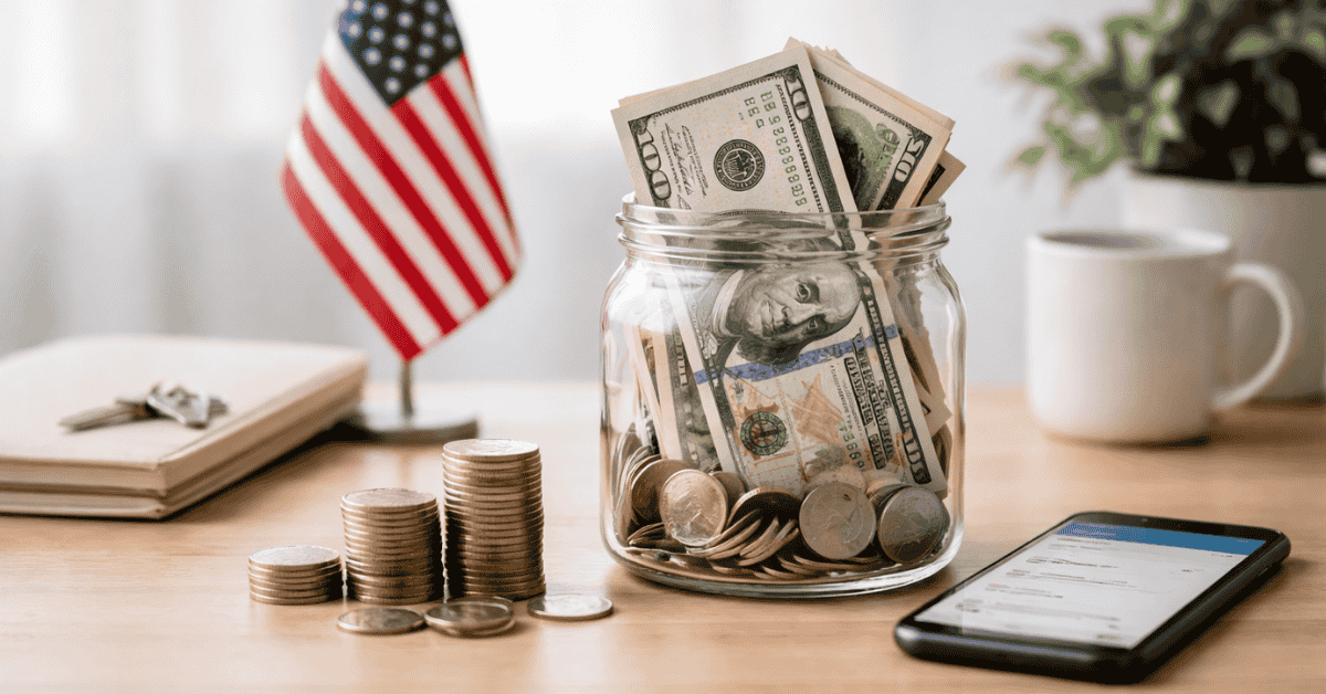 Imagem que representa poupança e organização financeira no contexto dos Estados Unidos. Em primeiro plano encontra-se um frasco de vidro transparente cheio de moedas e notas de dólar, simbolizando acumulação de dinheiro e gestão de poupanças. Ao lado do frasco estão várias pilhas de moedas organizadas por altura, indicando crescimento financeiro ou metas de poupança. Sobre a mesa também se vê um smartphone com uma aplicação financeira aberta, sugerindo acompanhamento digital das finanças pessoais. Ao fundo aparecem uma pequena bandeira dos Estados Unidos, um caderno fechado, uma chávena de café e uma planta decorativa, criando um ambiente de trabalho doméstico associado à educação financeira, gestão de orçamento e planeamento económico.