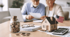 Elderly couple reviewing documents with coins, house model and calculator on table, representing financial information and planning at home.